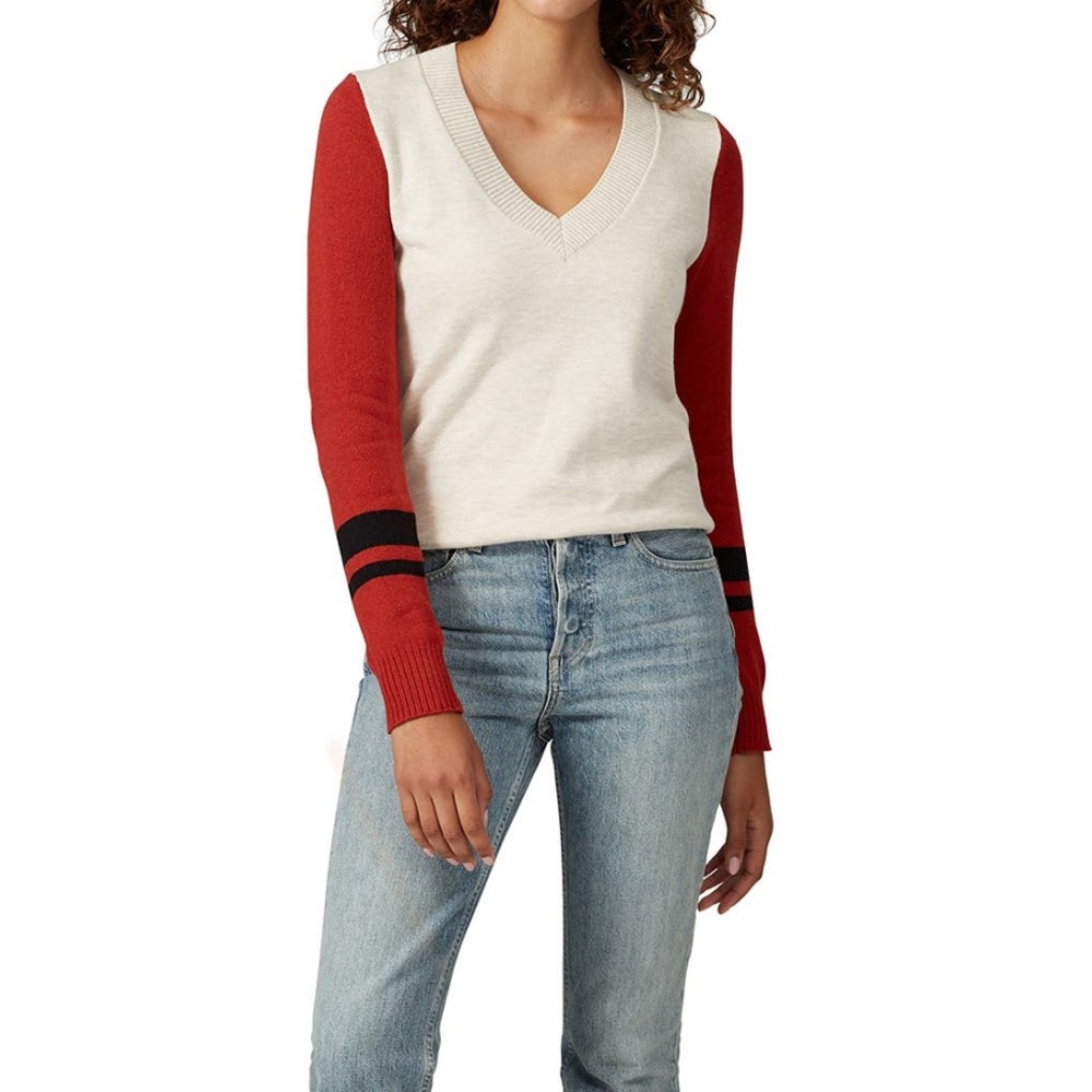 Treasure & Bond Red and Cream V-Neck Sweater